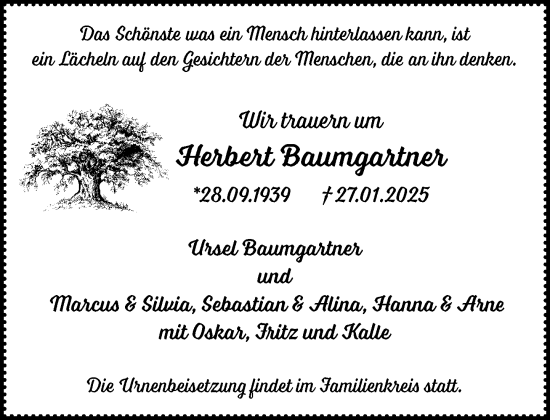 Traueranzeige von Herbert Baumgartner von MARKT Bad Oldesloe/Reinfeld und Stormarner Tageblatt