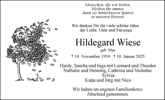 Traueranzeige von Hildegard Wiese von Uetersener Nachrichten, Der tip am Wochenende