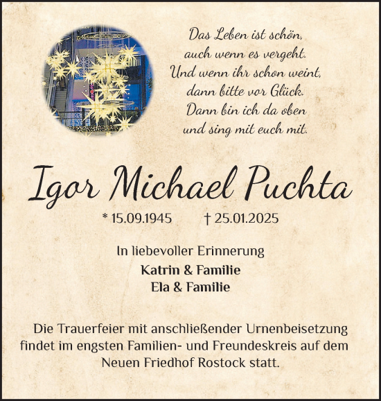 Traueranzeige von Igor Michael Puchta von Husumer Nachrichten, Nordfriesland Tageblatt