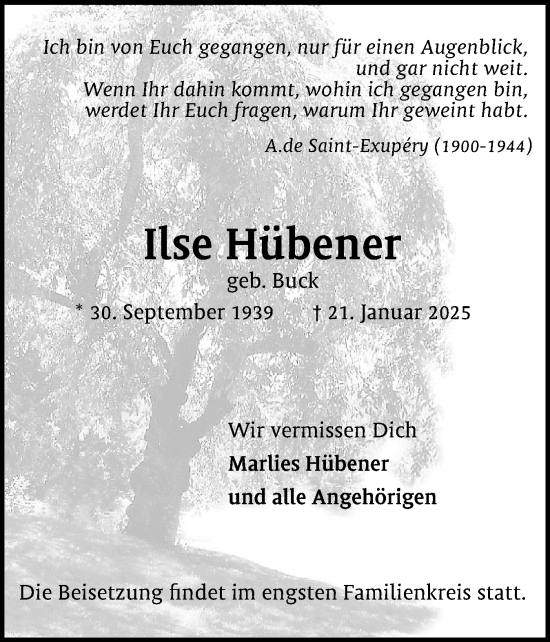 Traueranzeige von Ilse Hübener von Region Pinneberg und tip Pinneberg