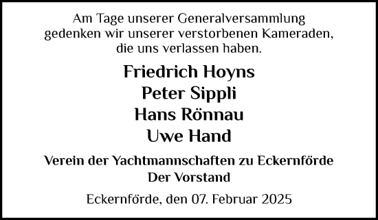 Traueranzeige von In Gedenken von Eckernförder Zeitung, Hallo Eckernförde