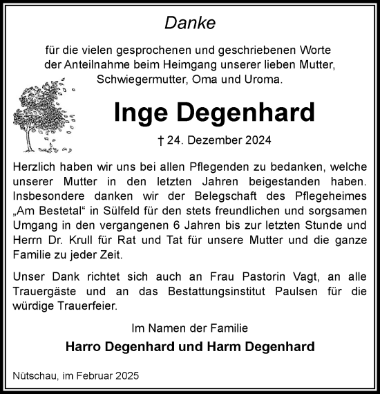Traueranzeige von Inge Degenhard von MARKT Bad Oldesloe/Reinfeld und Stormarner Tageblatt