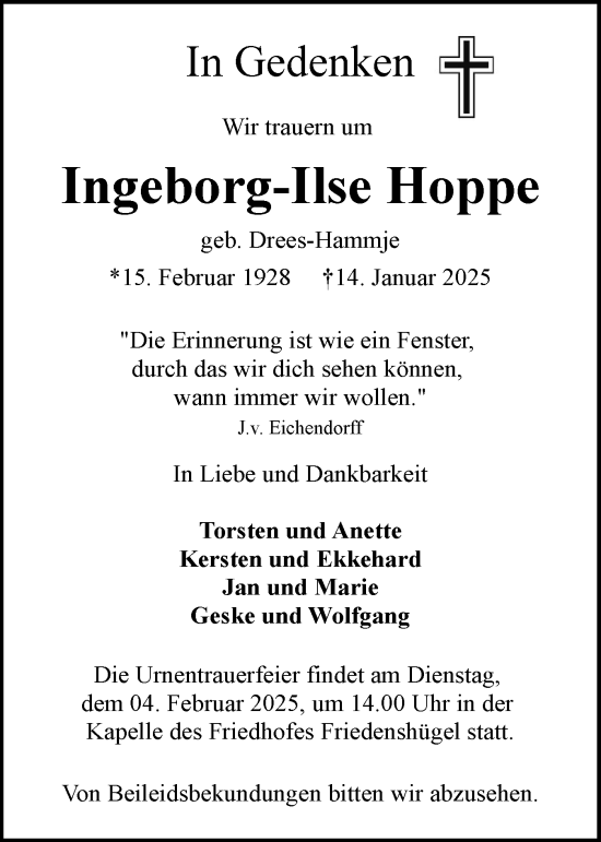 Traueranzeige von Ingeborg-Ilse Hoppe von Flensburger Tageblatt