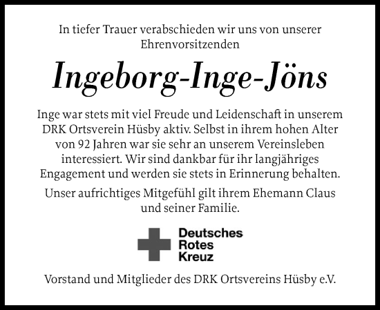 Traueranzeige von Ingeborg-Inge Jöns von Schleswiger Nachrichten, Schlei-Bote