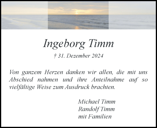 Traueranzeige von Ingeborg Timm von Region Pinneberg und tip Pinneberg