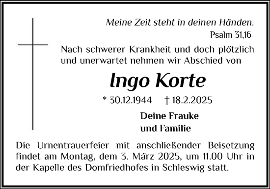 Traueranzeige von Ingo Korte von Schleswiger Nachrichten, Schlei-Bote