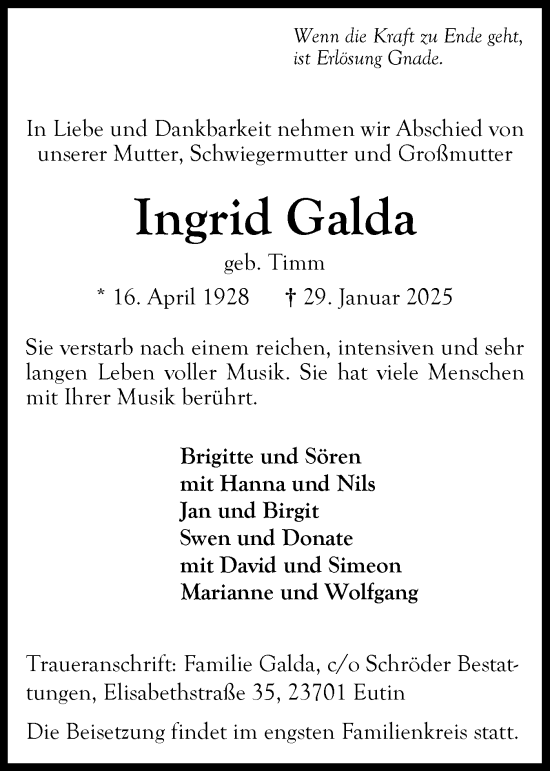 Traueranzeige von Ingrid Galda von Ostholsteiner Anzeiger