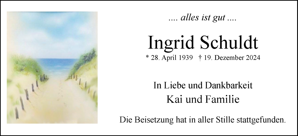  Traueranzeige für Ingrid Schuldt vom 15.02.2025 aus Uetersener Nachrichten, Der tip am Wochenende