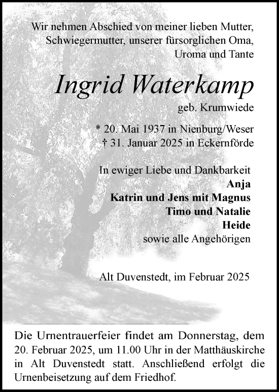 Traueranzeige von Ingrid Waterkamp von Schleswig-Holsteinische Landeszeitung