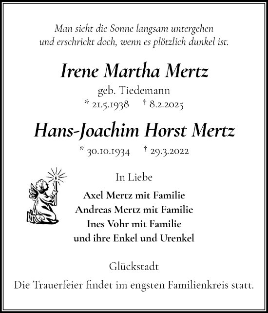 Traueranzeige von Irene Martha Mertz von Norddeutsche Rundschau, Wilstersche Zeitung, Glückstädter Fortuna
