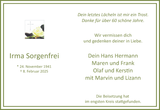 Traueranzeige von Irma Sorgenfrei von Uetersener Nachrichten, Der tip am Wochenende
