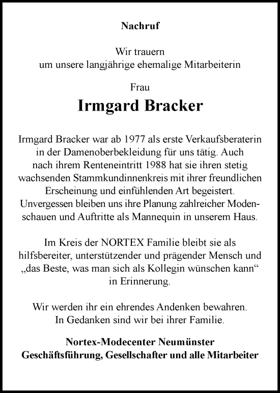 Traueranzeige von Irmgard Bracker von Holsteinischer Courier