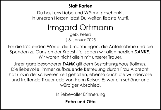 Traueranzeige von Irmgard Ortmann von Schleswig-Holsteinische Landeszeitung