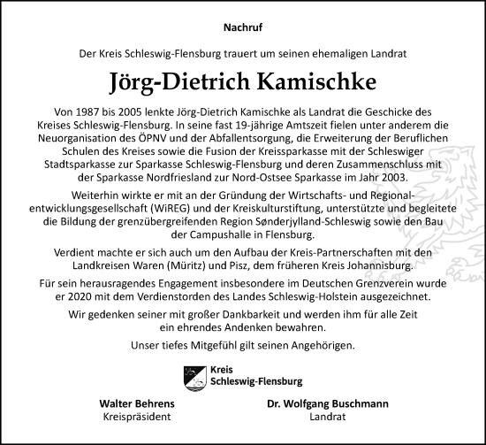Traueranzeige von Jörg-Dietrich Kamischke von Schleswig-Holsteinische Landeszeitung