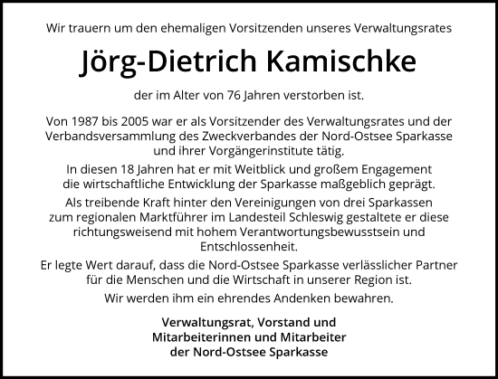 Traueranzeige von Jörg-Dietrich Kamischke von Husumer Nachrichten, Nordfriesland Tageblatt