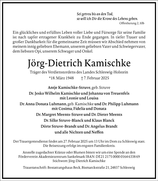 Traueranzeige von Jörg-Dietrich Kamischke von Schleswiger Nachrichten, Schlei-Bote