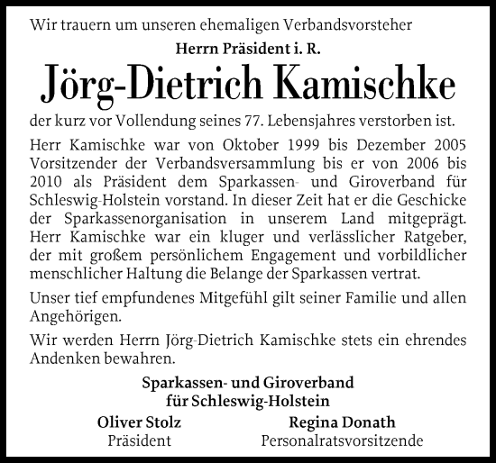 Traueranzeige von Jörg-Dietrich Kamischke von Flensburger Tageblatt, Schleswiger Nachrichten, Schlei-Bote