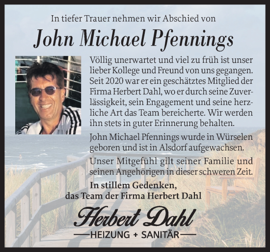 Traueranzeige von John Michael Pfennings von Sylter Rundschau