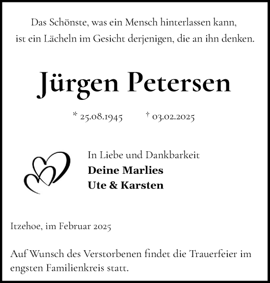 Traueranzeige von Jürgen Petersen von Norddeutsche Rundschau, Wilstersche Zeitung, Glückstädter Fortuna
