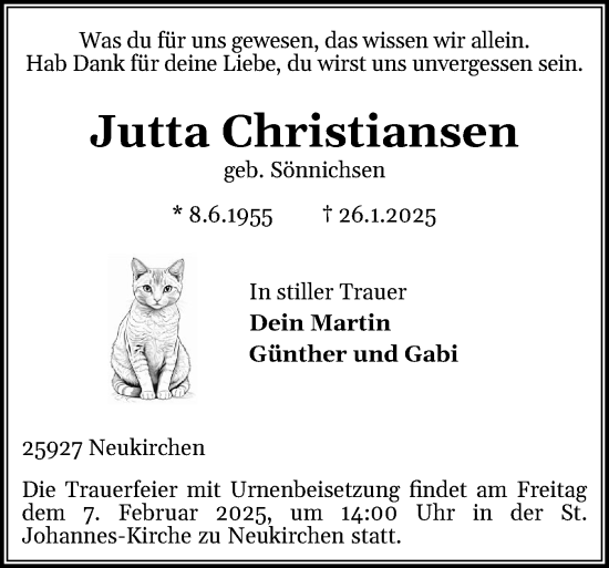Traueranzeige von Jutta Christiansen von Region Westküste