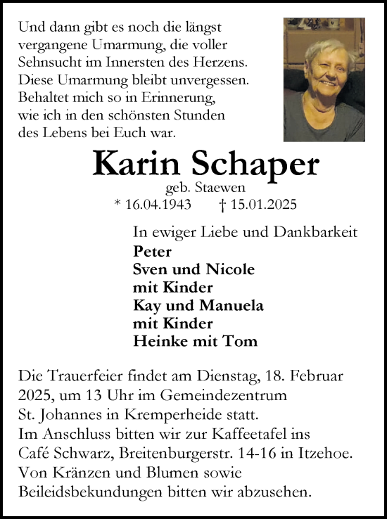 Traueranzeige von Karin Schaper von Norddeutsche Rundschau, Wilstersche Zeitung, Glückstädter Fortuna