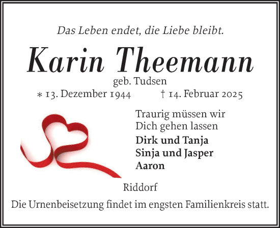 Traueranzeige von Karin Theemann von Husumer Nachrichten, Nordfriesland Tageblatt