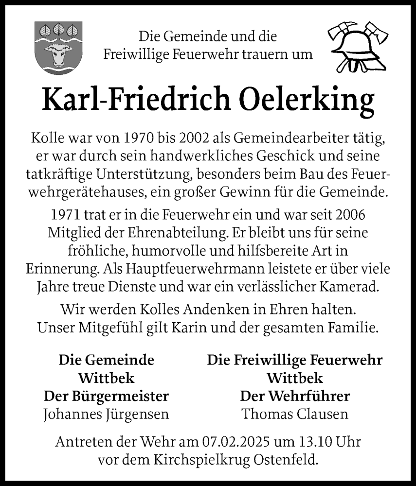  Traueranzeige für Karl-Friedrich Oelerking vom 07.02.2025 aus Husumer Nachrichten, Nordfriesland Tageblatt