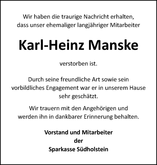 Traueranzeige von Karl-Heinz Manske von Uetersener Nachrichten, Der tip am Wochenende