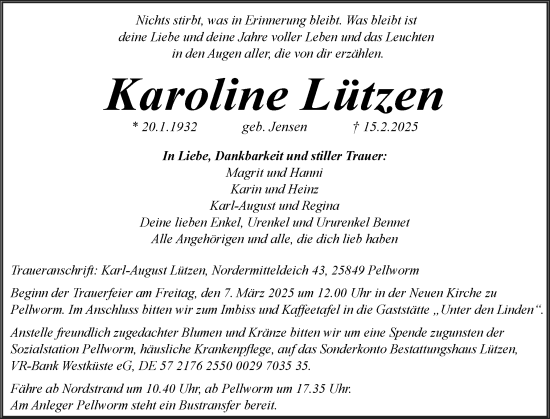 Traueranzeige von Karoline Lützen von Husumer Nachrichten, Nordfriesland Tageblatt