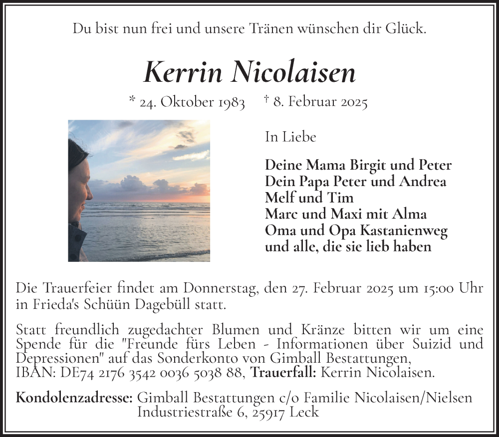  Traueranzeige für Kerrin Nicolaisen vom 21.02.2025 aus Husumer Nachrichten, Nordfriesland Tageblatt