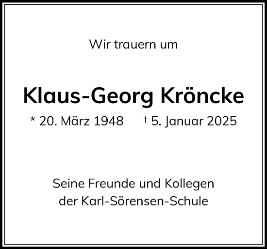 Traueranzeige von Klaus-Georg Kröncke von Region Pinneberg und tip Pinneberg