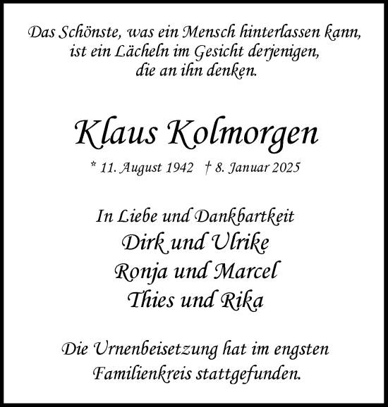 Traueranzeige von Klaus Kolmorgen von Uetersener Nachrichten, Der tip am Wochenende