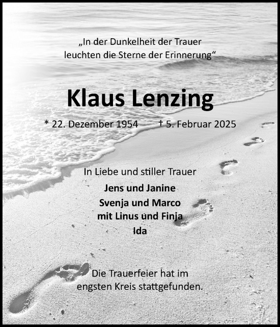 Traueranzeige von Klaus Lenzing von Wedel-Schulauer Tageblatt, tip Wedel-Schulauer Tageblatt, tip Rissener Rundschau