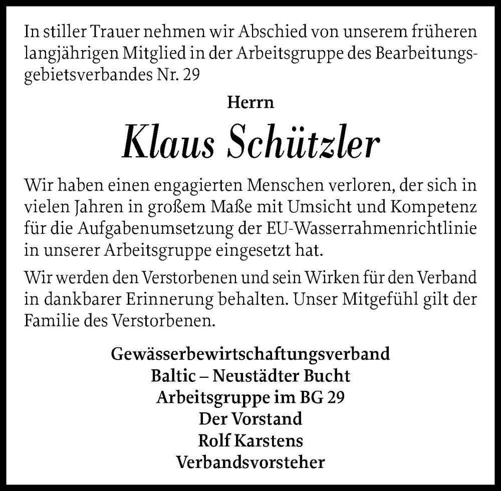  Traueranzeige für Klaus Schützler vom 05.02.2025 aus Ostholsteiner Anzeiger