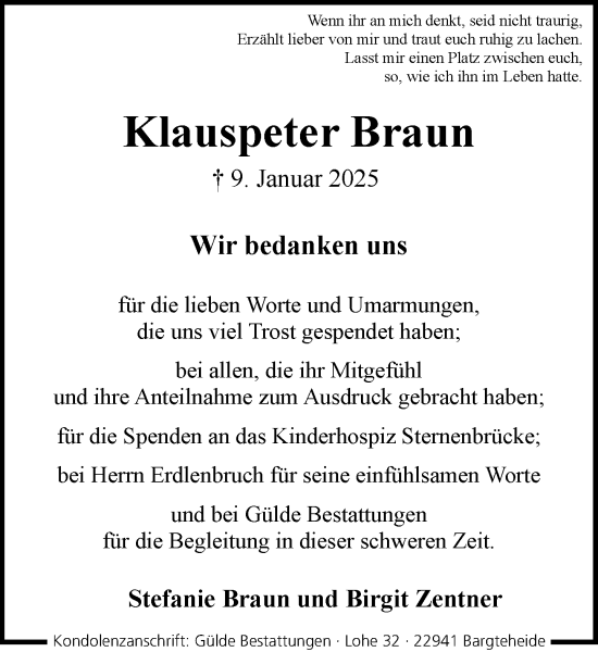 Traueranzeige von Klauspeter Braun von MARKT Ahrensburg/Bargteheide/Trittau und Stormarner Tageblatt