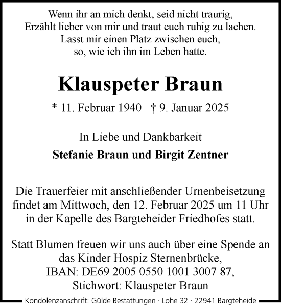 Traueranzeige von Klauspeter Braun von MARKT Ahrensburg/Bargteheide/Trittau und Stormarner Tageblatt