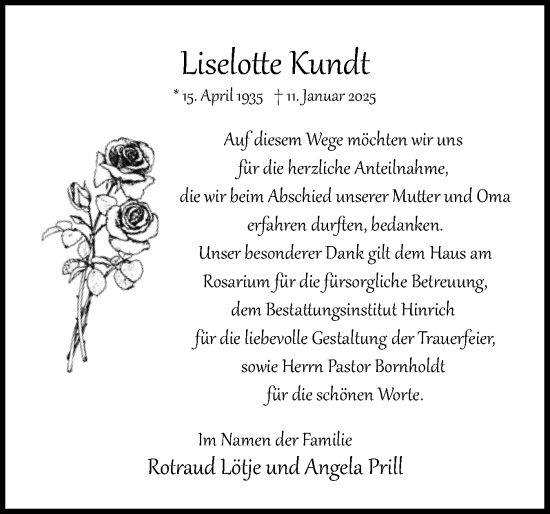Traueranzeige von Liselotte Kundt von Uetersener Nachrichten, Der tip am Wochenende