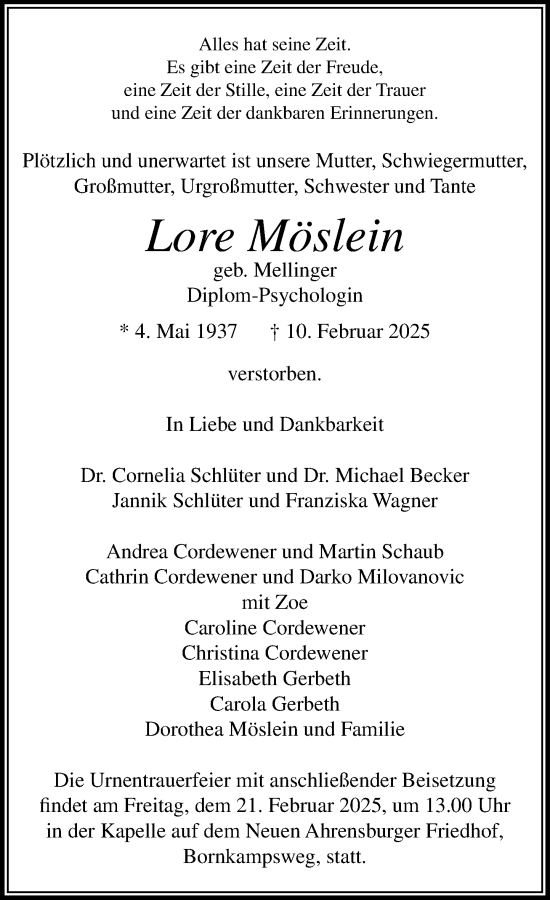 Traueranzeige von Lore Möslein von MARKT Ahrensburg/Bargteheide/Trittau und Stormarner Tageblatt
