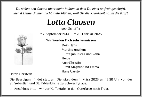 Traueranzeige von Lotta Clausen von Husumer Nachrichten, Nordfriesland Tageblatt