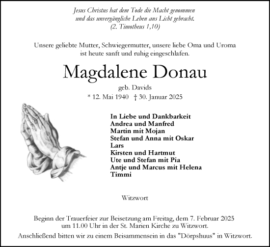 Traueranzeige von Magdalene Donau von Husumer Nachrichten, Nordfriesland Tageblatt