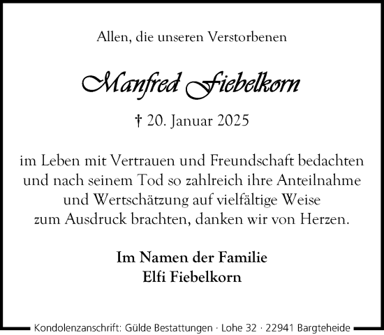 Traueranzeige von Manfred Fiebelkorn von MARKT Ahrensburg/Bargteheide/Trittau und Stormarner Tageblatt