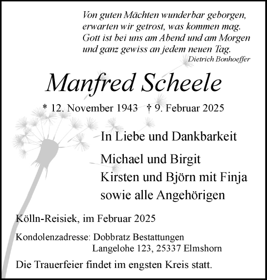 Traueranzeige von Manfred Scheele von Elmshorner Nachrichten, Barmstedter Zeitung