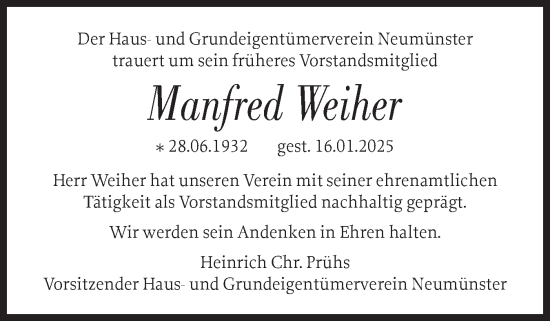 Traueranzeige von Manfred Weiher von Holsteinischer Courier