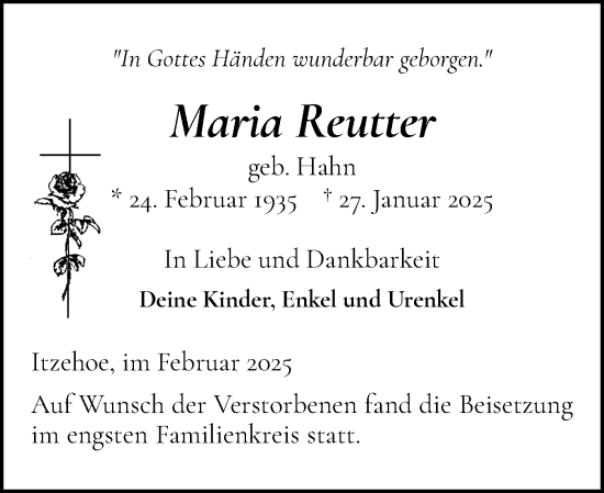 Traueranzeige von Maria Reutter von Norddeutsche Rundschau, Wilstersche Zeitung, Glückstädter Fortuna