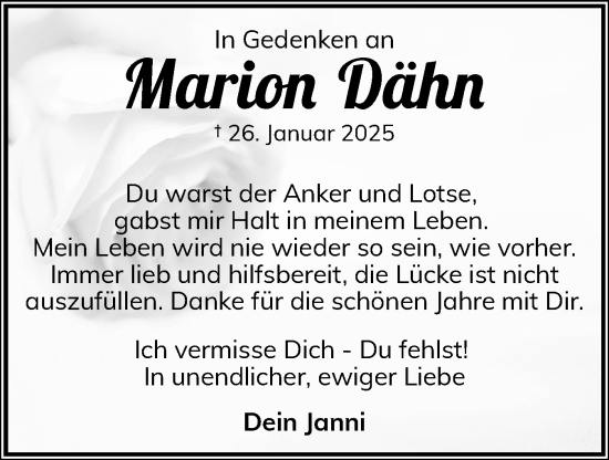 Traueranzeige von Marion Dähn von Flensburger Tageblatt