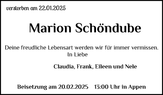Traueranzeige von Marion Schöndube von Region Pinneberg und tip Pinneberg