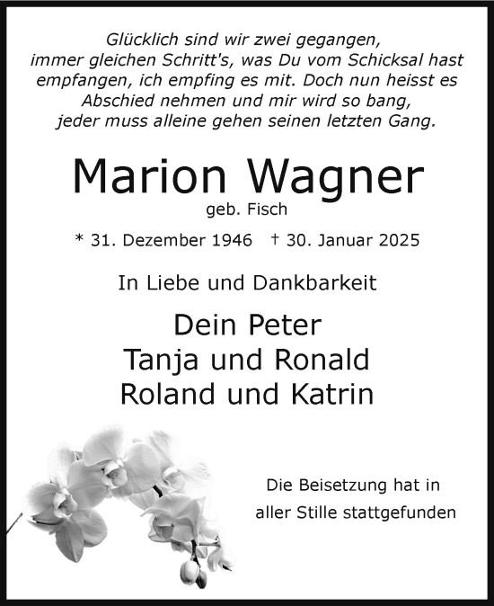 Traueranzeige von Marion Wagner von Uetersener Nachrichten, Der tip am Wochenende