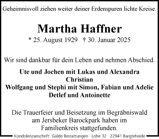 Traueranzeige von Martha Haffner von MARKT Ahrensburg/Bargteheide/Trittau und Stormarner Tageblatt