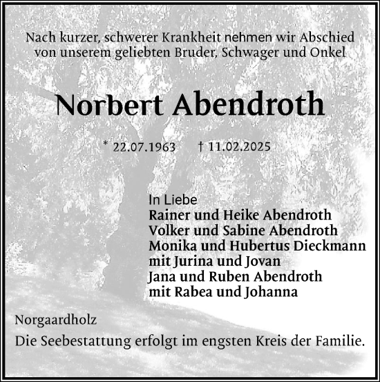 Traueranzeige von Norbert Abendroth von Flensburger Tageblatt