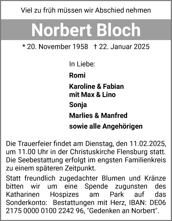 Traueranzeige von Norbert Bloch von Flensburger Tageblatt